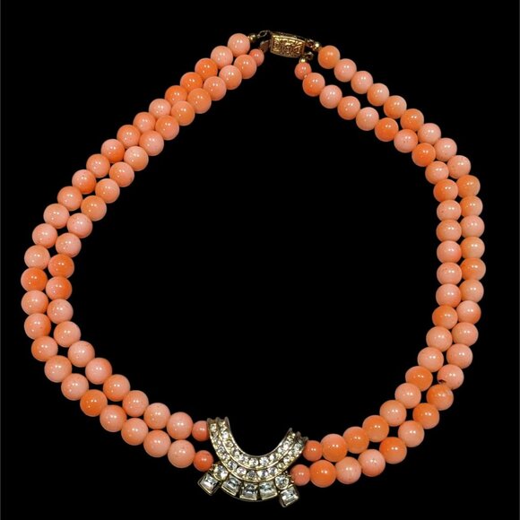 Vintage Salmon Tone Beaded Rhinestone Accent Beaded Necklace - Picture 1 of 6
